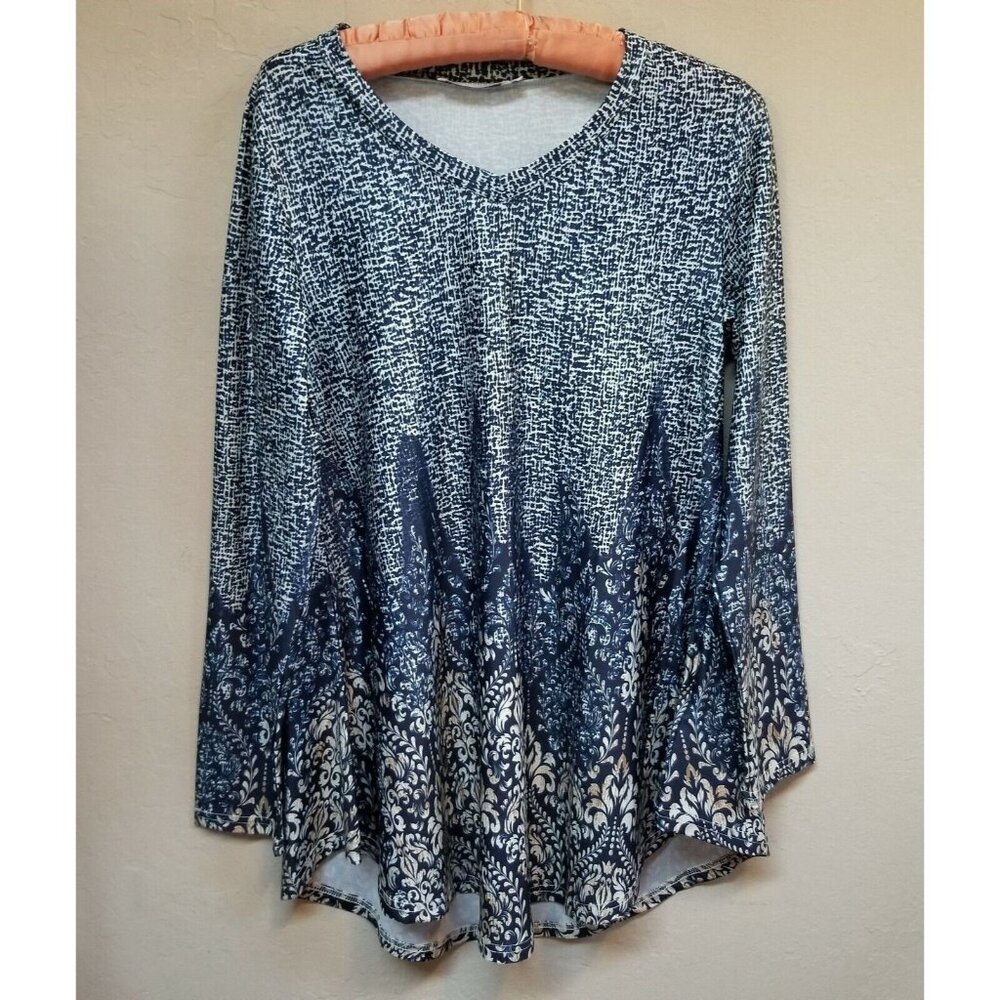 BaiShengGT Womens Small V-Neck Long Sleeves Top Tunic Blouse Batik Blue White